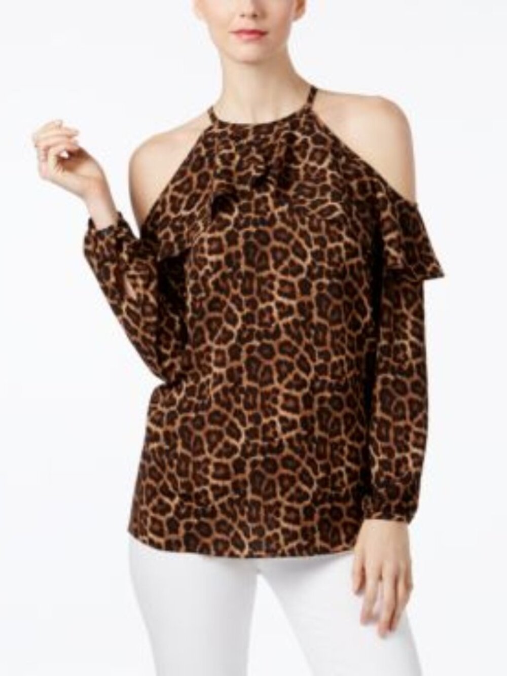 **CLOSE OUT** Michael Kors Brown Animal Print Cold Shoulder Top XS--5841--UZS